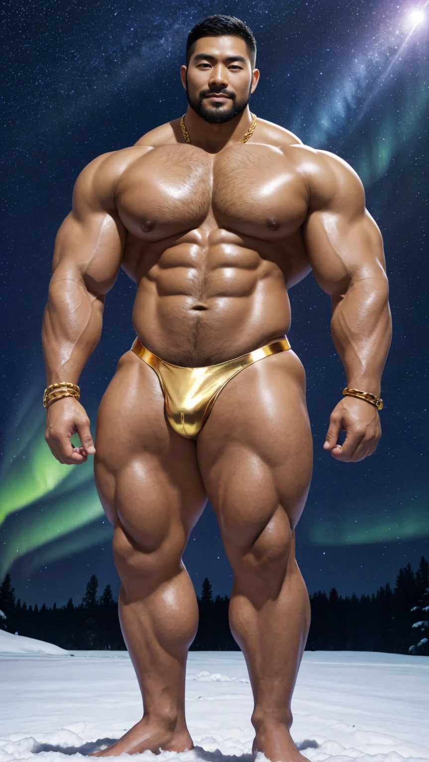 There is only one handsome Chinese man in the photo，35 years old，tall, Fitness，Smooth body，Smooth skin，No chest hair，short hair, O-Shaped Beard，Perfect body, Dark skin color，Radiant Skin，Smooth skin，Shiny, shiny skin，Smooth pectoral muscles，Muscle bulge, muscular, Very large pectoral muscles，Very sexy abdominal muscles，Very well-developed leg muscles，Huge concave and convex area，Brightens oily skin，Wearing a shiny gold leather thong，Handsome face，Normal human toes，Correct and accurate male body proportions，Gold Collar，Gold bracelet，Gold anklets，Standing in the snow，Night sky，A sky full of stars，There are auroras，Colorful，Charming dream scene，Epic。
