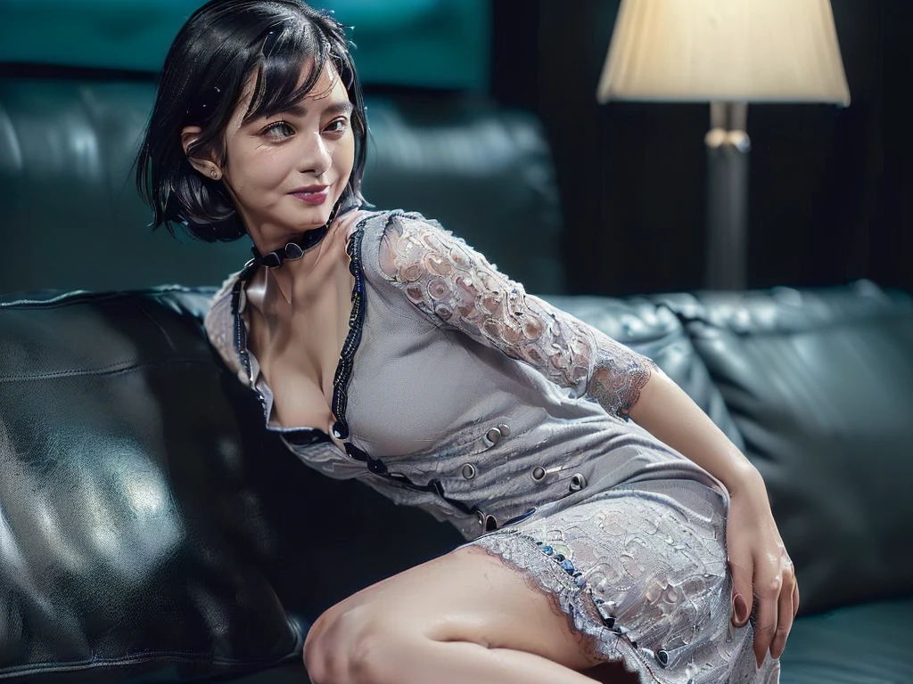 cinematic, Blue hour, (((Ultimate ultra Photorealistic, ultimate high-quality 32k LeicaM10 photo))),(((An American shot photo, spread open legs wild sexy and showing deeply ultra detailed very wet groin part for viewer,  deep sitting on Deluxe bar black leathers sofa seductive , a48yo ultimate beautiful &cute Japanese actress, looking at viewer:1.6))),(((She has a very intelligent and ultimate maternal lovely beautiful Japanese face&black eyes, pointy nose, ultra detailed face, oval face, very blushing cheeks, ultimate well-proportioned face, seductive &shy smile, seductive hips ))),((black elegant cute short bob, very light naturally makeup)), Accurate depiction of fingers and arms:1.4, (((She has the ultimately perfect nice&Sensual proportions, very just fitted v-neck half sleeve grey elegant lacy buttonless Open-collar very wet summer one piece dress:1.5))), (((white beautiful ultimate realistic Japanese lady Fair and beautiful sweaty skin , A simple and modest silver necklace, very Humid and Hot summer evening ,Tokyo business office street))), (middle skirt wide opened and showing ultra detailed her cute thighs :1.4)