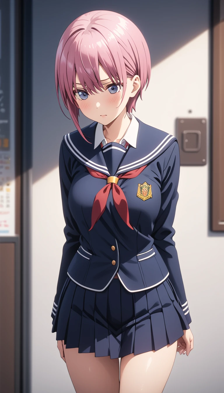 (Highest quality、Masterpiece、Very detailed、4K)、((One Woman))、17 years old、Pink Hair、short hair、(((Nakano Ichika)))、chest、arm、(Beautiful navel)、Beautiful thighs、(((school uniform)))、(skirt)、((Are standing))