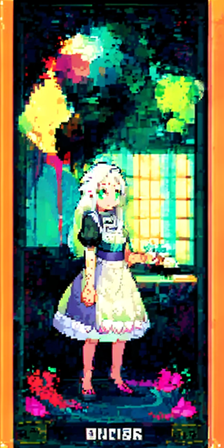 (masterpiece, top quality, best quality) pixel art, 1girl full body toe to head, white hair, green eyes, blue maid dress