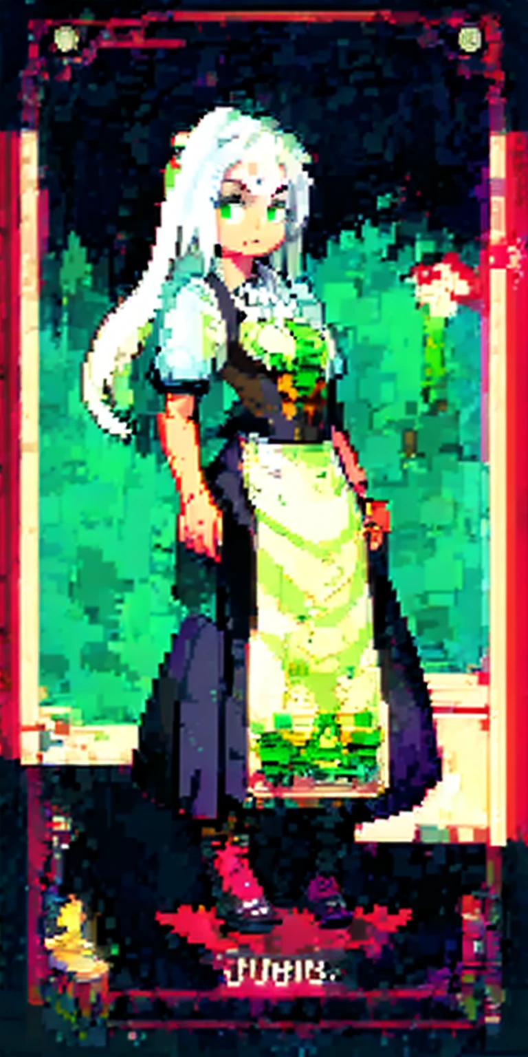 (masterpiece, top quality, best quality) pixel art, 1girl full body toe to head, white hair, green eyes, blue maid dress