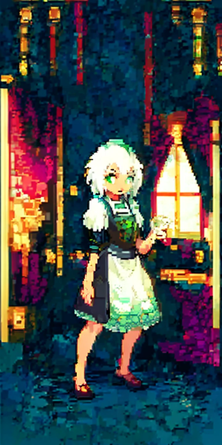 (masterpiece, top quality, best quality) pixel art, 1girl full body toe to head, white hair, green eyes, blue maid dress