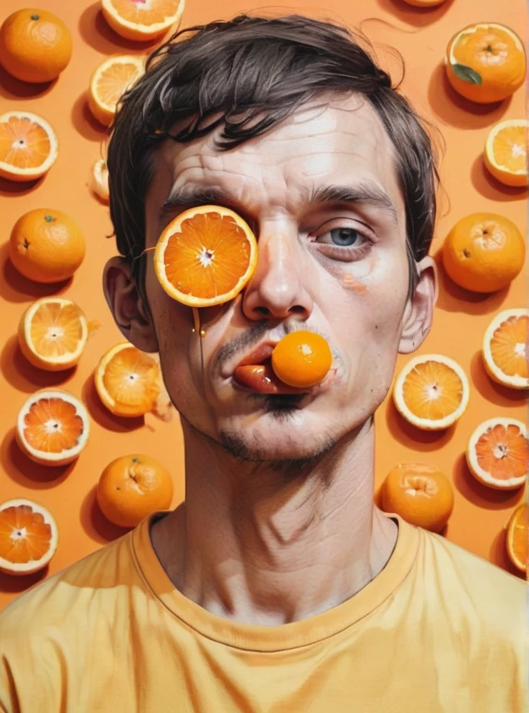 close your eyes, food, Male Focus, Orange background, Orange Theme, Traditional Media, Yellow background, Yellow theme , Pop Surrealism , Man eating a tangerine