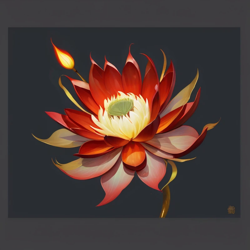 a safflower with yellow leaves on a dark background, Hiyu Xunhua, Flower Explosion, huge flame fantasy plant, Glowing delicate flowers, Holy Flame Crown Spell, safflower, art deco flower shaman, Fire Element, official art works, water lily mechanical water lily, Glittering petals, Flower core, Stylized art, Alien Flower, holy fire spell art