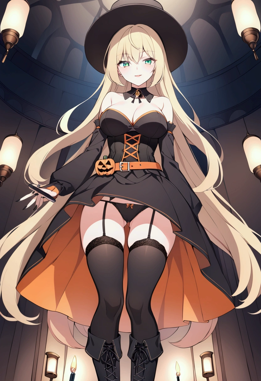 slender, mature female, 1girl, long_hair, thighhighs, boots, underwear, garter_straps, hat, panties, very_long_hair, black_panties, blonde_hair, solo, detached_sleeves, lantern, green_eyes, black_legwear, belt, breasts, bare_shoulders, looking_at_viewer, cross-laced_footwear, lace, lace-up_boots, standing, strapless, smile, black_headwear, holding, bangs, dress, from_below, skirt, candle, strapless_dress, black_footwear, parted_lips, indoors, medium_breasts, knee_boots, buckle, lamp, detached_collar, lace-trimmed_legwear, hair_between_eyes, halloween, black_nails, cleavage, short_dress, eyebrows_visible_through_hair, corset, large_breasts, upskirt, choker, nail_polish, ass_visible_through_thighs, weapon, open_mouth, collarbone, bottle, lips