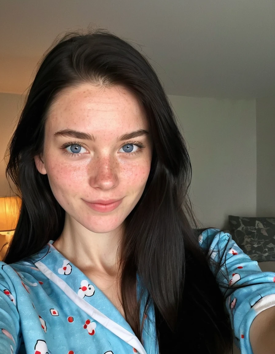 instagram selfie , a 23 year old gorgeous woman , slight smile , detailed skin face and eyes , natural lighting , at home , long hair, wearing cute pajamas , film grain, low contrast, natural face , freckles , black hair , blue eyes, dark circles under eyes 