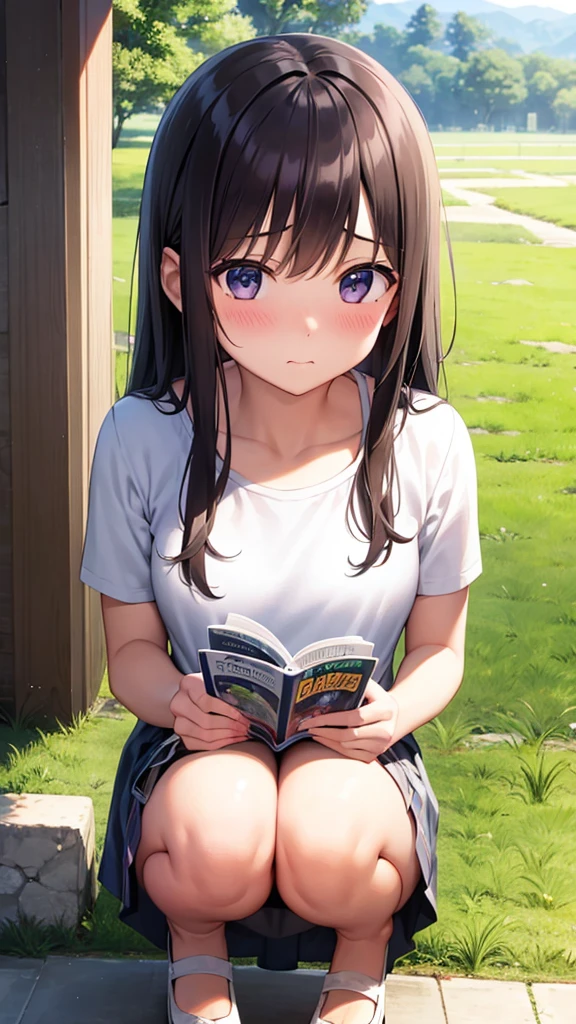 Girl、squat、Blushing、Grassland、Read magazines、Gravure magazine