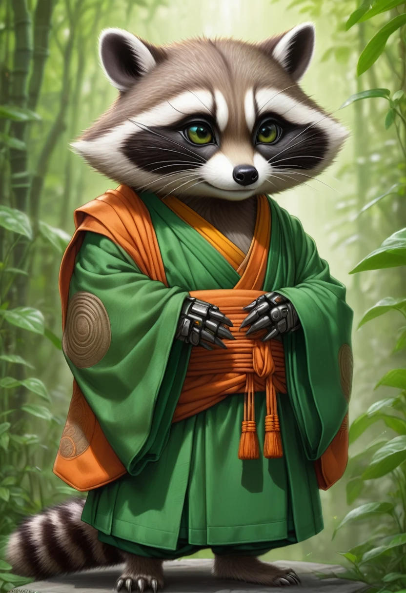 masterpiece, best quality, an robot anthropomorphic raccoon wearing a Buddhist monk robes, with half of face robot complete green background, drawn by pencil, digital art, art by Hiromu Arakawa, Osamu Tezuka, 8 k, beautiful drawing, highly detailed, concept art, sharp focus, ultra realistic illustration, anime++