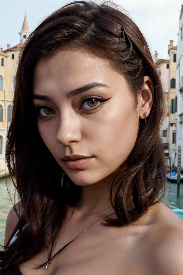 un contact visuel d&#39;une femme tunisienne, jeune, sexy, compliqué, eye-liner graphique, surexposé, sourcils fins, Lèvres, éclairage des silhouettes, filtre grunge désaturé, photo venise