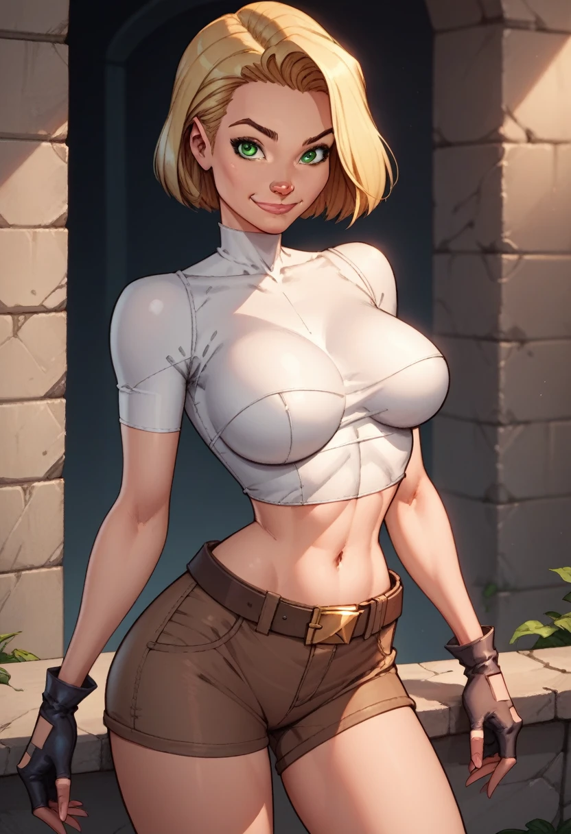 score_9, score_8_up, score_7_up,score_6_up, score_5_up, score_4_up, detailed soft lighting, 1girl, solo, large breasts, AchaseDG, hort hair, blonde hair, green eyes, plain white shirt, black gloves, crop top, (brown shorts:1.4), belt, fingerless gloves, (tight clothes:1.3), on the Danger yacht, standing, provocative poses, looking at viewer, smile, closed mouth, (masterpiece, best quality, highly detailed, beautiful).