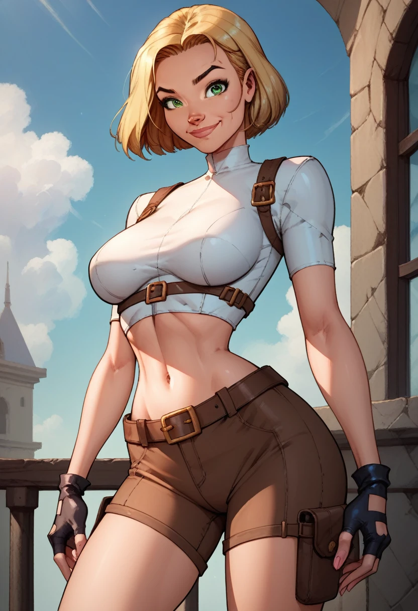 score_9, score_8_up, score_7_up,score_6_up, score_5_up, score_4_up, detailed soft lighting, 1girl, solo, large breasts, AchaseDG, hort hair, blonde hair, green eyes, plain white shirt, black gloves, crop top, (brown shorts:1.4), belt, fingerless gloves, (tight clothes:1.3), on the Danger yacht, standing, provocative poses, looking at viewer, smile, closed mouth, (masterpiece, best quality, highly detailed, beautiful).