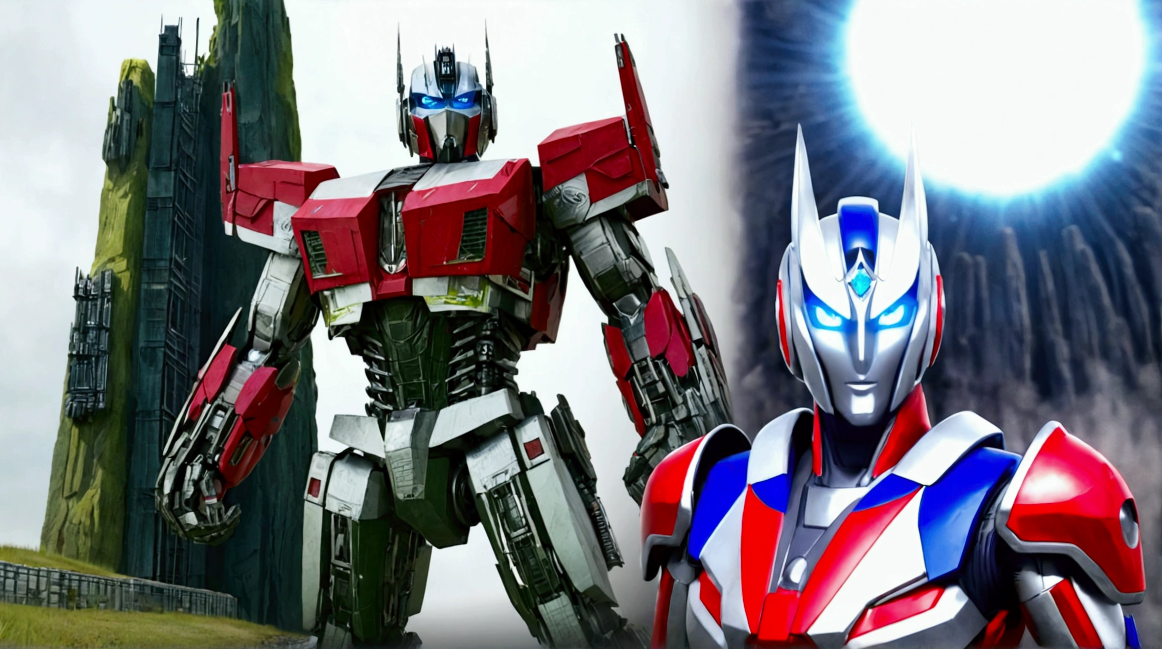 Optimus Prime and Ultraman Blazar, two iconic heroes, embracing each other in an epic crossover scene, highly detailed, 8k, realistic, photorealistic, ultra-detailed, sharp focus, physically-based rendering, extreme detail description, professional, vibrant colors, dramatic lighting, cinematic composition, heroic poses, science fiction, mecha, tokusatsu, concept art, seamless integration