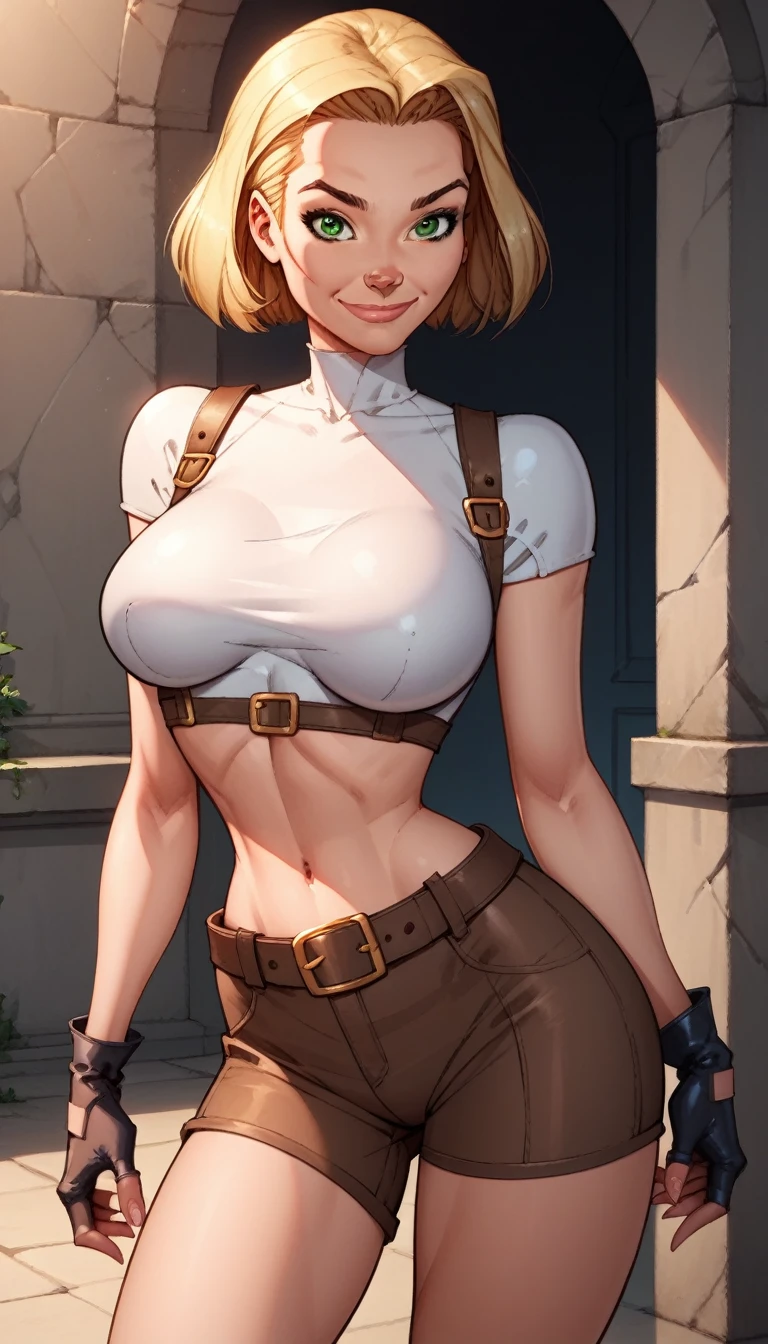 score_9, score_8_up, score_7_up,score_6_up, score_5_up, score_4_up, detailed soft lighting, 1girl, solo, large breasts, AchaseDG, hort hair, blonde hair, green eyes, plain white shirt, black gloves, crop top, (brown shorts:1.4), belt, fingerless gloves, (tight clothes:1.3), on the Danger yacht, standing, provocative poses, looking at viewer, smile, closed mouth, (masterpiece, best quality, highly detailed, beautiful).