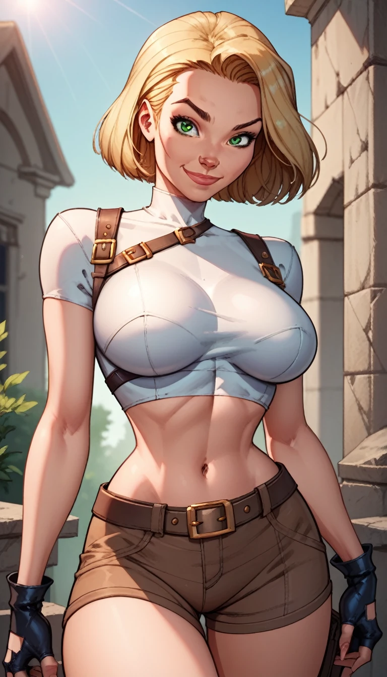 score_9, score_8_up, score_7_up,score_6_up, score_5_up, score_4_up, detailed soft lighting, 1girl, solo, large breasts, AchaseDG, hort hair, blonde hair, green eyes, plain white shirt, black gloves, crop top, (brown shorts:1.4), belt, fingerless gloves, (tight clothes:1.3), on the Danger yacht, standing, provocative poses, looking at viewer, smile, closed mouth, (masterpiece, best quality, highly detailed, beautiful).