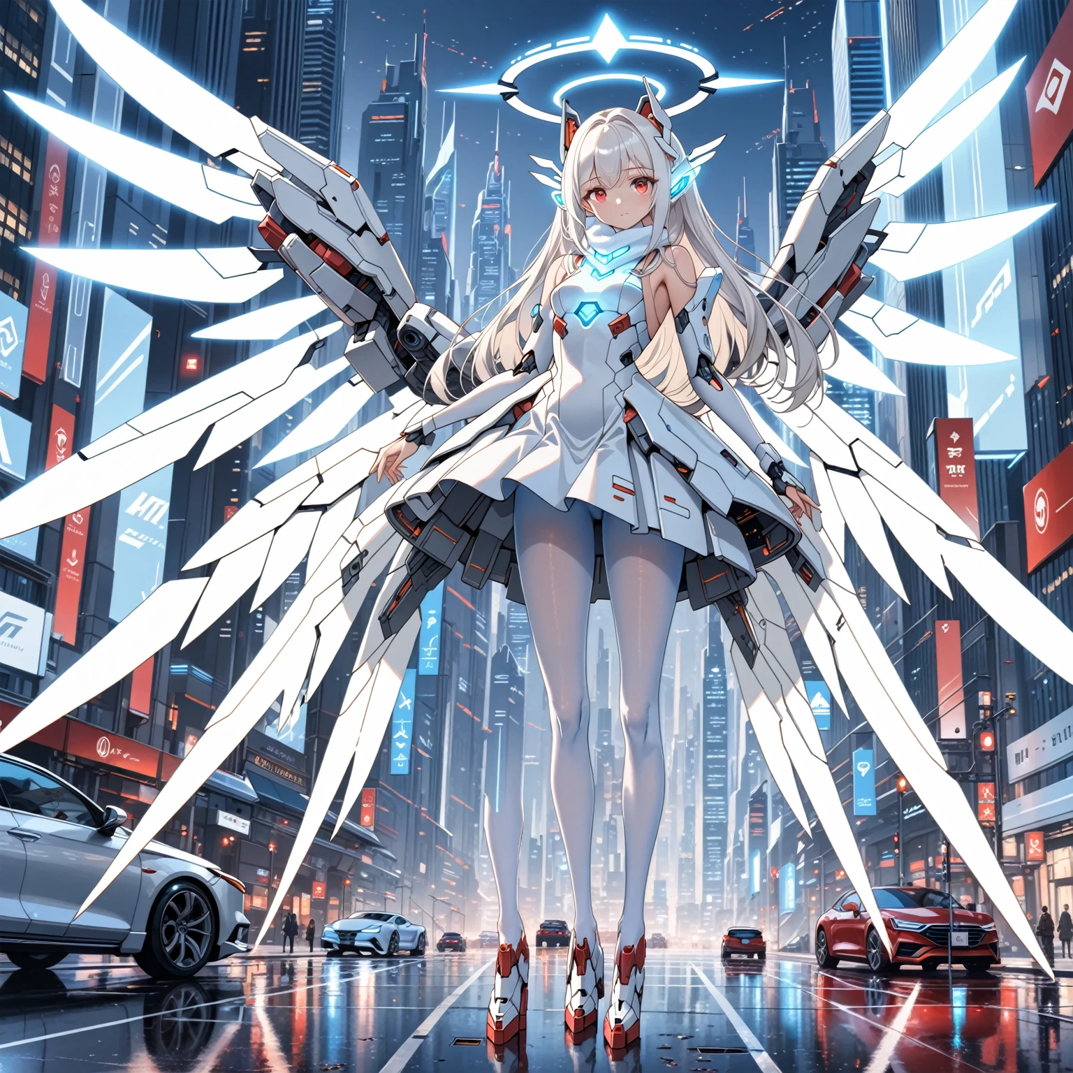 masterpiece, highest quality, highest resolution, clear_image, detailed details, white hair, long hair, 1 girl, car ears, red eyes, futuristic wings, futuristic halo, white sci fi mecha dress, white scarf (around the neck withn a light blue glow), white pantyhose, full body, no water marks, city