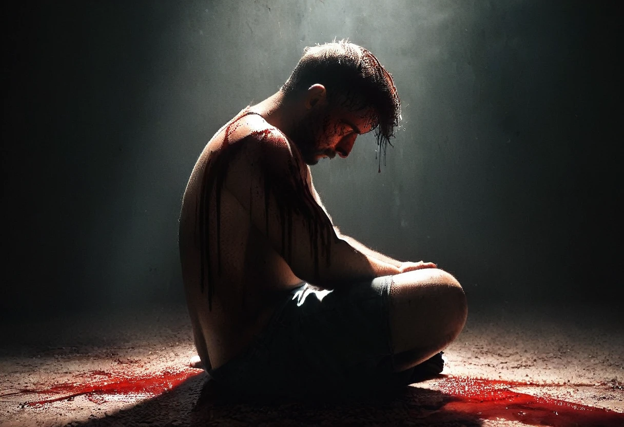 a sad depressed man sitting on the ground, beaten up, bruesed and bloody, moody atmosphere, dramatic lighting, somber colors, realistic, photorealistic, high-quality, detailed, masterpiece, cinematic, emotional, emotive, dramatic, melancholy, pensive, contemplative