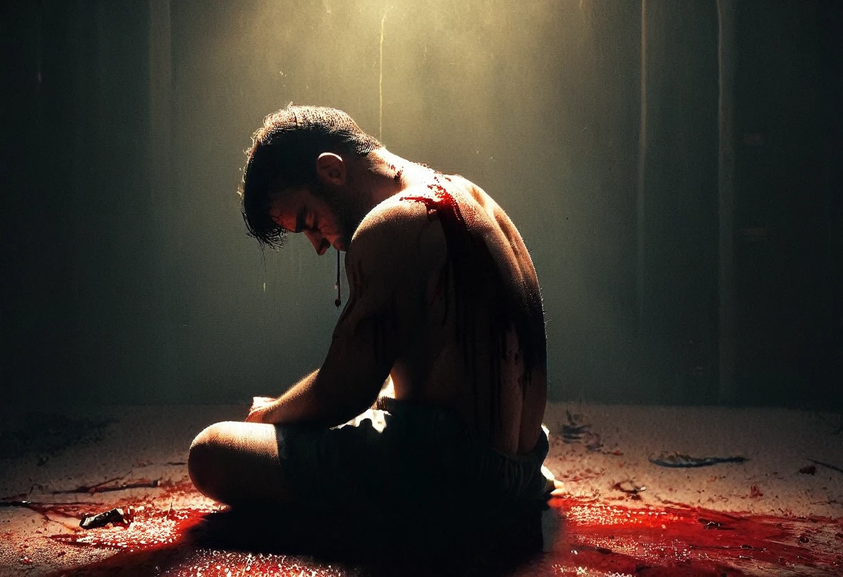 a sad depressed man sitting on the ground, beaten up, bruesed and bloody, moody atmosphere, dramatic lighting, somber colors, realistic, photorealistic, high-quality, detailed, masterpiece, cinematic, emotional, emotive, dramatic, melancholy, pensive, contemplative