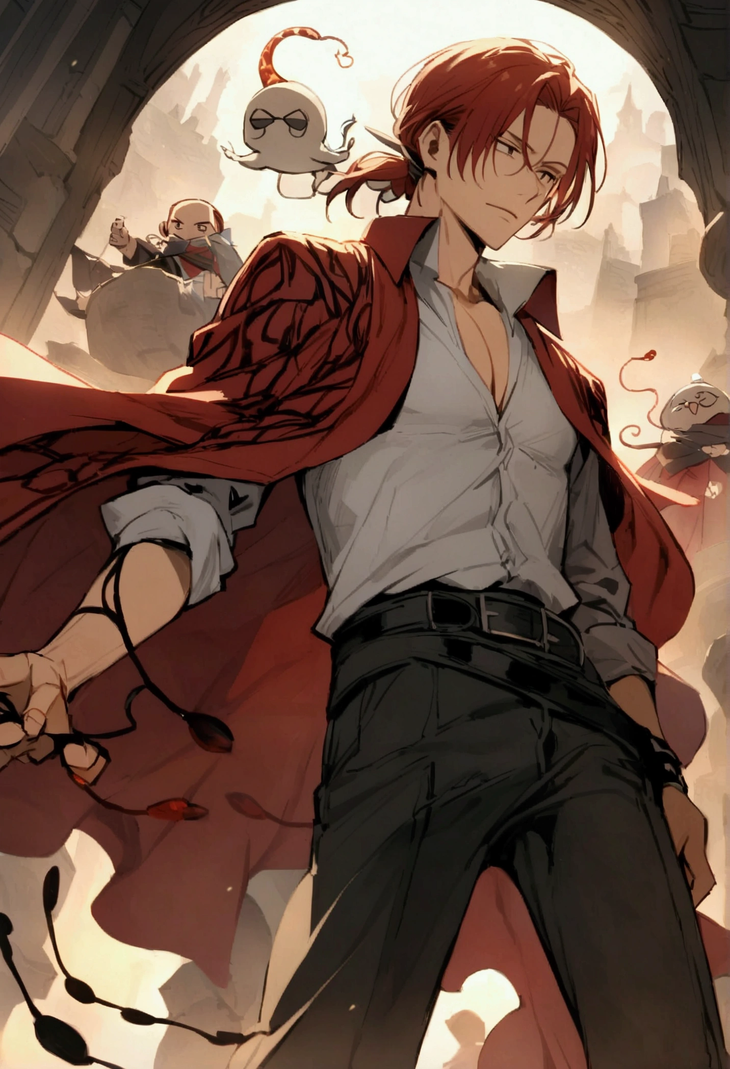 Shanks o ruivo , using king's haki . |black and wormy clods fall around the character