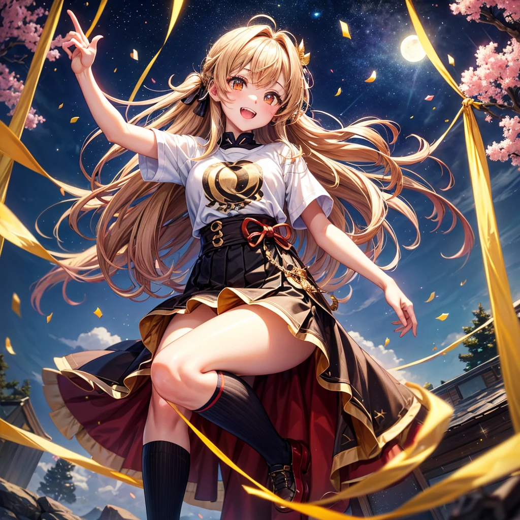 Brown and gold hair、Red gold eyes、Hair tied up、One good looking girl、solo、anime、Checkered mini skirt、T-Shirts、Black knee-high socks、Teeth are visible、Starry Sky、Midnight Moon、Confetti、A large cherry tree growing on the top of a rocky mountain、Home々、Light is flowing