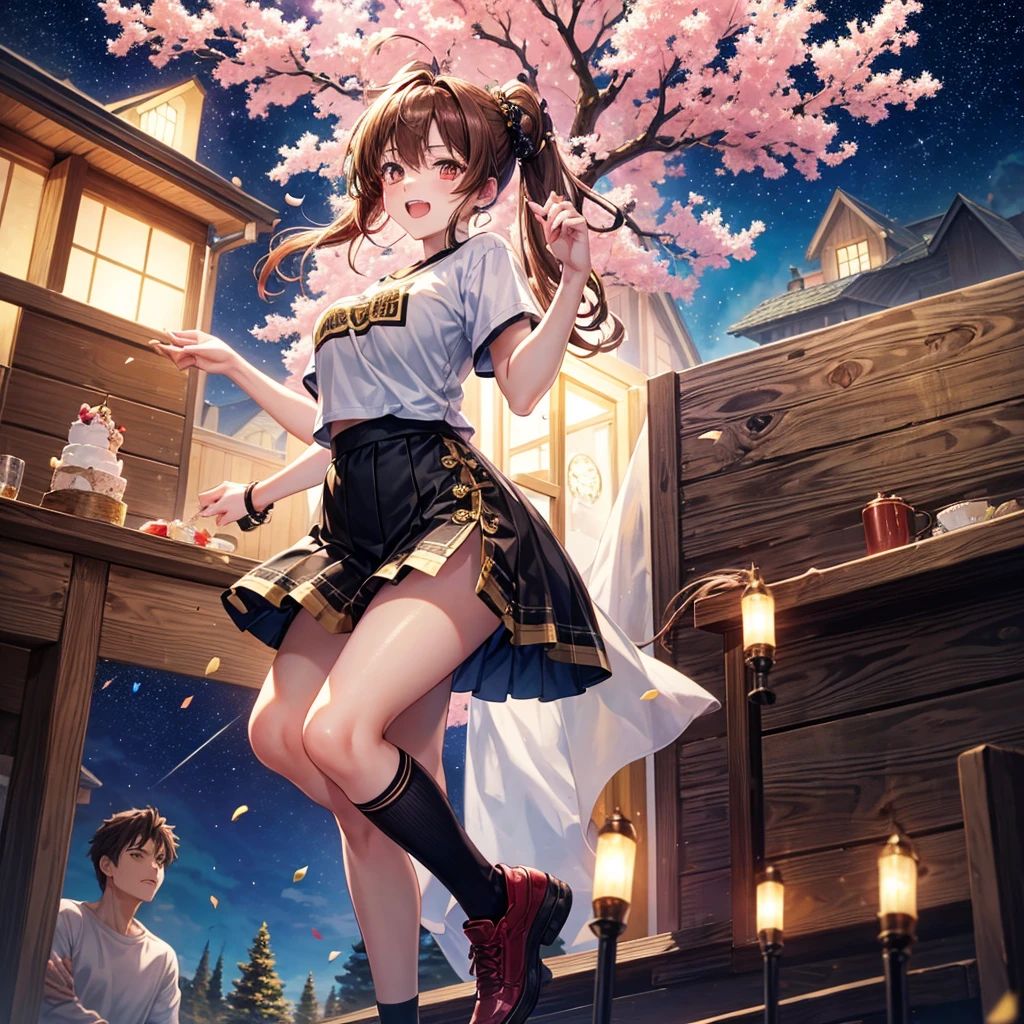 Brown and gold hair、Red gold eyes、Hair tied up、One good looking girl、solo、anime、Checkered mini skirt、T-Shirts、Black knee-high socks、Teeth are visible、Starry Sky、Midnight Moon、Confetti、A large cherry tree growing on the top of a rocky mountain、Home々、Light is flowing