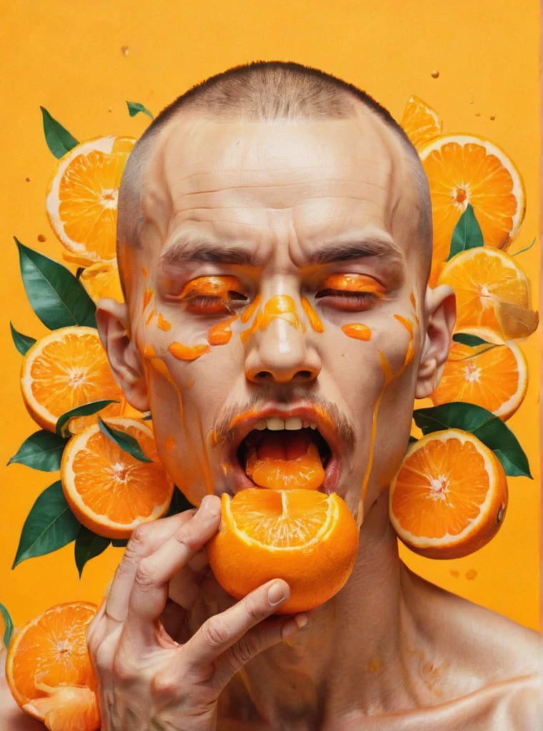 close your eyes, food, Male Focus, Orange background, Orange Theme, Traditional Media, Yellow background, Yellow theme , Pop Surrealism , Man eating a tangerine