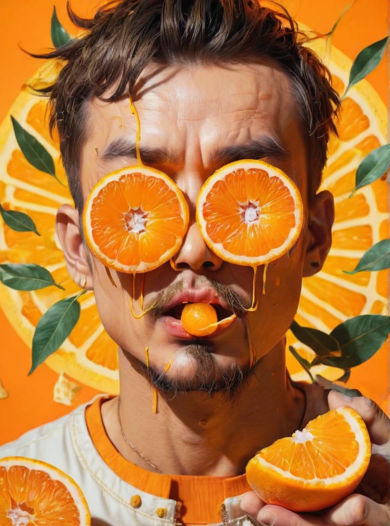 close your eyes, food, Male Focus, Orange background, Orange Theme, Traditional Media, Yellow background, Yellow theme , Pop Surrealism , Man eating a tangerine