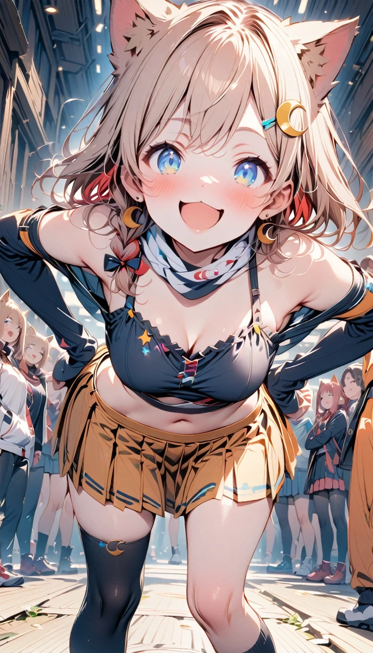 (masterpiece: 1.3), (detail), ((, Top quality,)) //, (((1 girl, hairpin, crescent hairpin: 1.4))), Solitary //, (Brown cat ears, Furry cat ears: 1.4), Animal ear hair, (Light brown hair: 1.4), (Red hair: 1.1), (Red inner hair: 1.3), (Straight bangs: 1.4), (Single braid long hair: 1.5) , (Ahog), (blue eyes: 1.3), Clear eyes, cheek, Middle chest, cleveage, Off-shoulder, armpit, //, Big Red Ribbon, Looking at the audience, blush, Smile, Happy, open mouth, Smile, skirt, shirt, scarf, thigh, Long sleeve, Umbilical cord, Bare shoulders, Jewelry, pleated skirt, scarf, earrings, diaphragm, black thigh knee socks, Virtual YouTuber, miniskirt, Star, Top of crop, Hands on hips, black shirt, ((Lean forward: 1.3)), One knee high, Asymmetrical Leg Clothing,Eyes shine and look up.Stick out your tongue