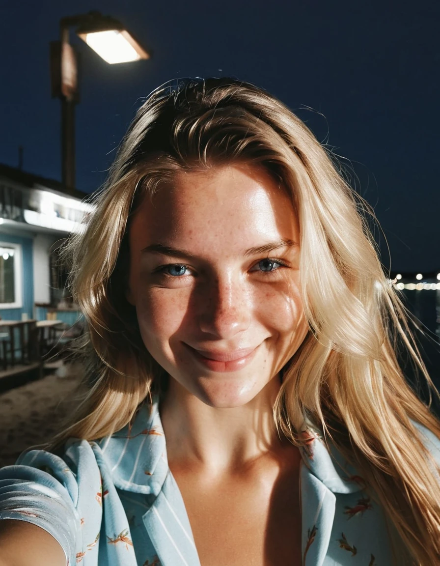 portrait of a young beautiful women with long blonde hair, laughing, perfect body, black and white, In a beach bar in the evening, in the background are people, Kodak Ultra F9, 35mm, shot with Holga 120N, Light leaks, instagram selfie , a 23 year old gorgeous woman , slight smile , detailed skin face and eyes , natural lighting , at home , long hair, wearing cute pajamas , film grain, low contrast, natural face , freckles , black hair , blue eyes, dark circles under eyes 