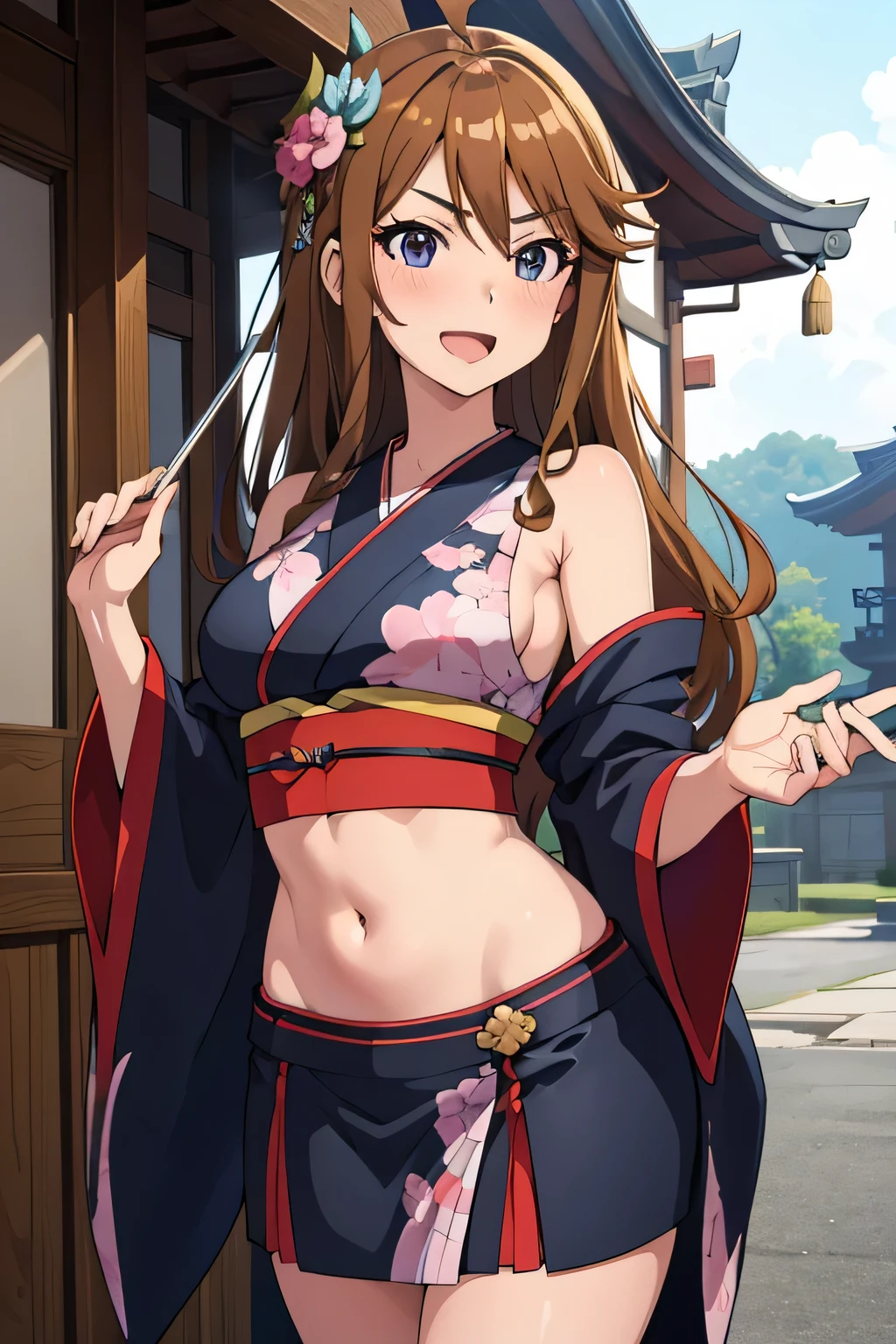 (masterpiece, best quality, ultra detailed), (perfect face, detailed face), (detailed background, complex background:1.2), full-face blush, smile, looking at viewers,
megumi tokoro,  long hair, blush, lipstick, Hot girl, baddie, staring, glaring, bad attitude, mean girl, dare, angry, hate, crazy, smoking, sensual, attractive, masterpiece, best quality, highly detailed, a anime girl in kimono dress ,holding sword, bare
shoulder,open kimono, evil smile, open mouth, crop top , (nsfw) not safe for work, smile, ecchi anime
style, anime girls, ecchi style, ecchi, digital anime art!!, in anime style, official artwork, visual novel cg,
beautiful anime girl, anime style 4 k, kimono pencil skirt, exposed belly, exposed navel,
exposed midriff, exposed lower belly, outdoor, japanese architecture, temple