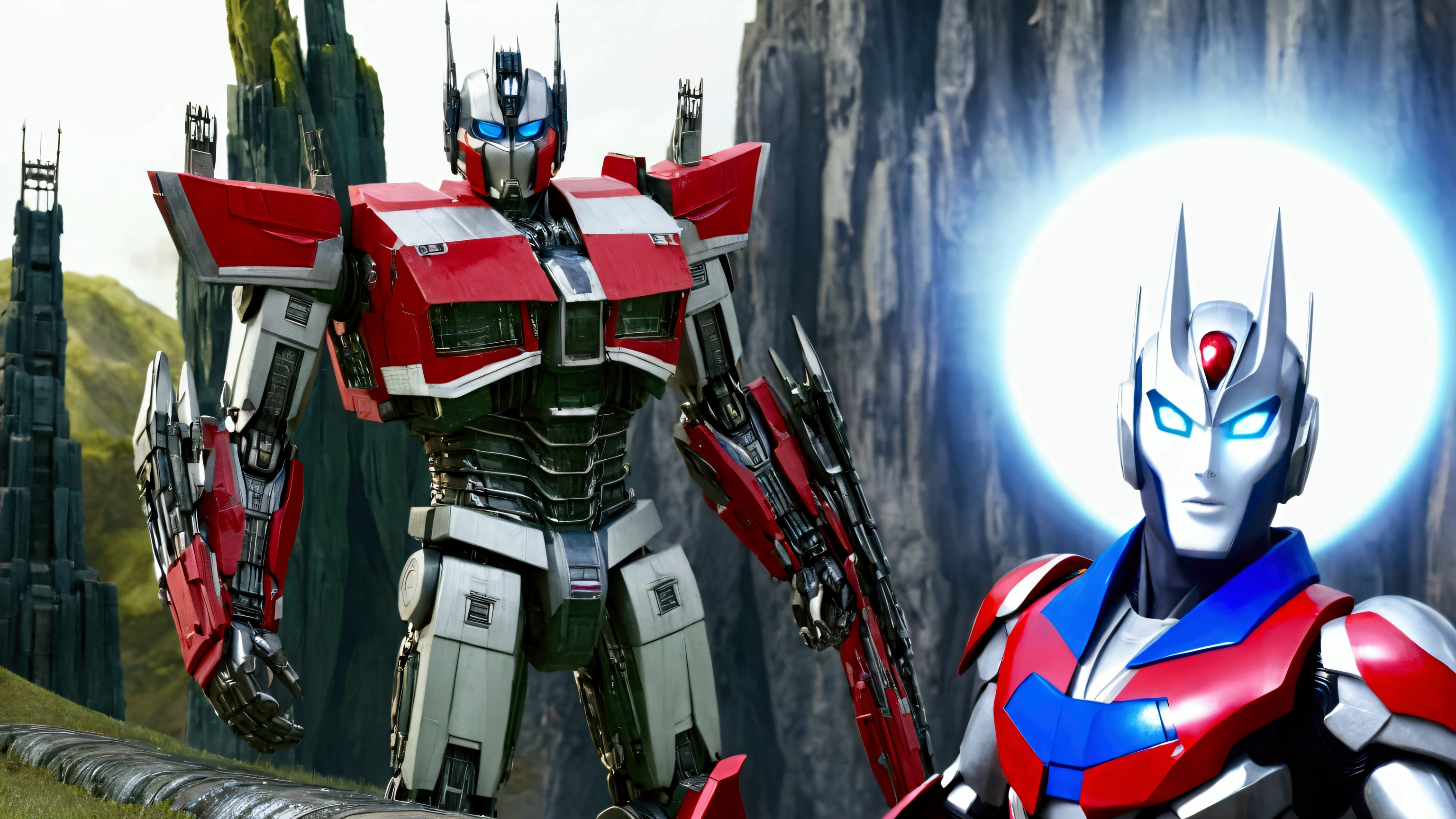 Optimus Prime and Ultraman Blazar, two iconic heroes, embracing each other in an epic crossover scene, highly detailed, 8k, realistic, photorealistic, ultra-detailed, sharp focus, physically-based rendering, extreme detail description, professional, vibrant colors, dramatic lighting, cinematic composition, heroic poses, science fiction, mecha, tokusatsu, concept art, seamless integration
