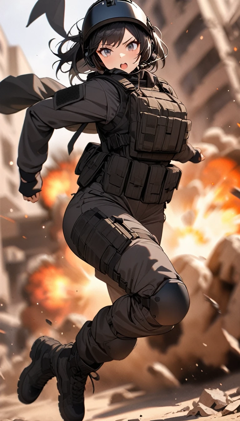 (masterpiece),(Highest quality),(High resolution),(Very detailed),One Woman,Japanese,Black Hair,Short Bob,Beautiful Eyes,Long eyelashes,Beautiful Hair,Beautiful Skin,strict,whole body,break(((Explosion behind woman))),Jump to escape the explosion,(Dynamic Movement),((Small machine gun)),SWAT Uniforms,Black bulletproof vest, Combat Boots,Black Tactical Forster,Tactical Headset,Tactical Helmet,(The background is the rubble of ruins),(((Background Blur)))