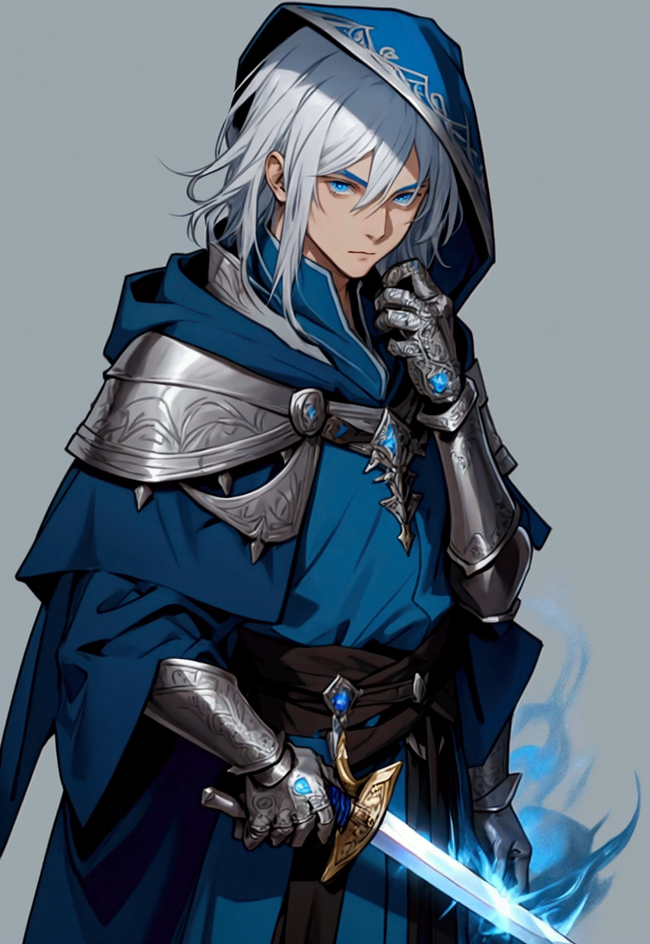 Wizard a young man, he has a silver hair and blue eyes, he wear a hood and wear gloves , hold sword with hand.