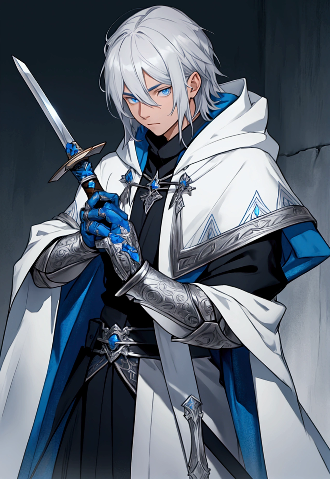 Wizard a young man, he has a silver hair and blue eyes, he wear a hood and wear gloves , hold sword with hand.