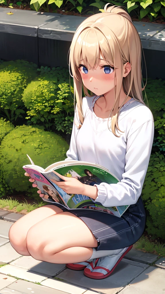 Girl、squat、Blushing、Grassland、Read magazines、Gravure magazine
