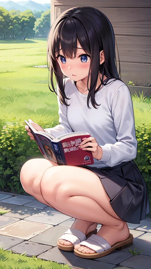 Girl、squat、Blushing、Grassland、Read magazines、Gravure magazine