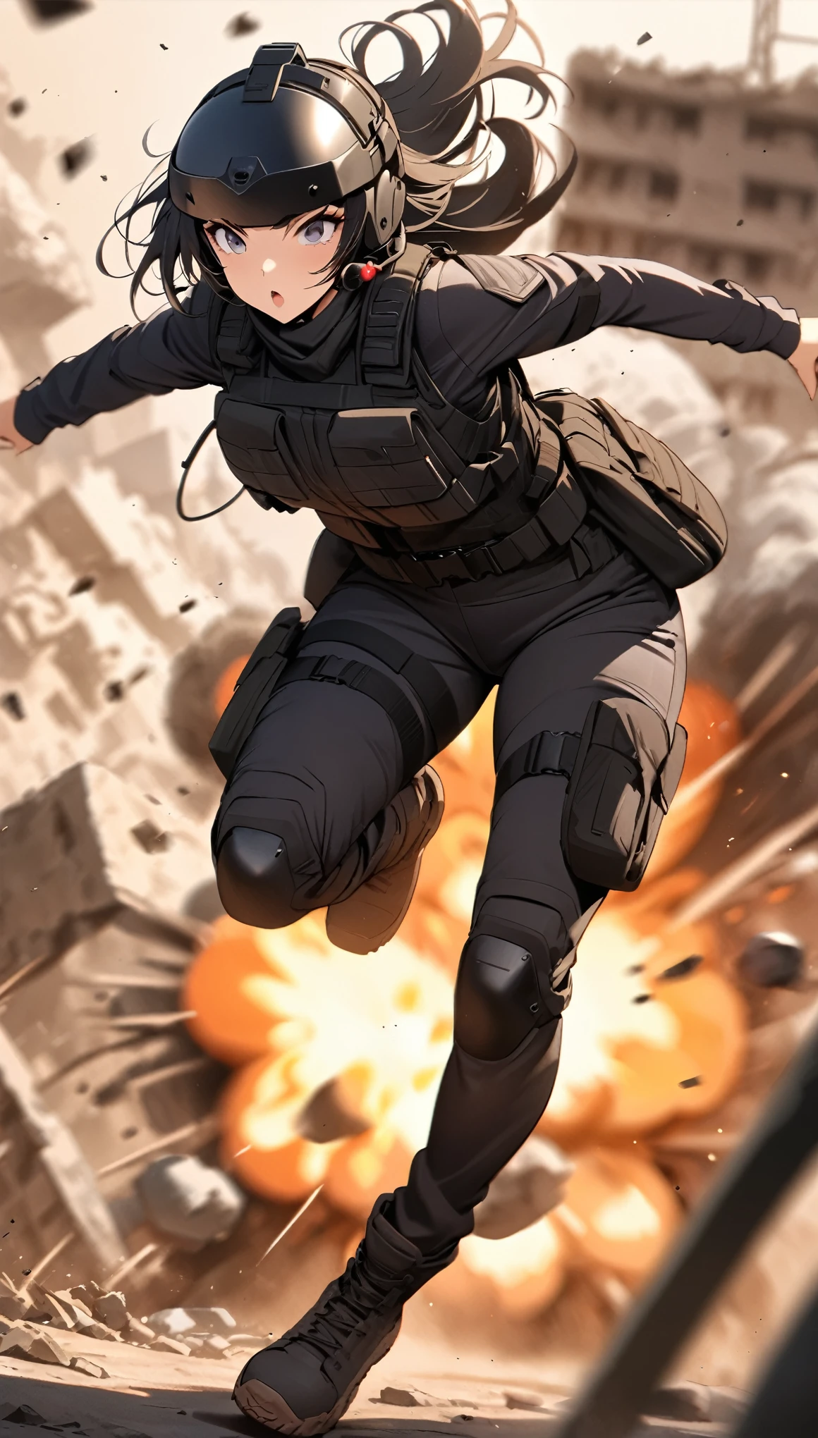 (masterpiece),(Highest quality),(High resolution),(Very detailed),One Woman,48 years old,Mature Woman,Japanese,Black Hair,Short Bob,Beautiful Eyes,Long eyelashes,Beautiful Hair,Beautiful Skin,strict,whole body,break(((explosion))),(Dynamic Movement),((Small machine gun)),SWAT Uniforms,Black bulletproof vest, Combat Boots,Black Tactical Forster,Tactical Headset,Tactical Helmet,(The background is the rubble of ruins),(((Background Blur)))