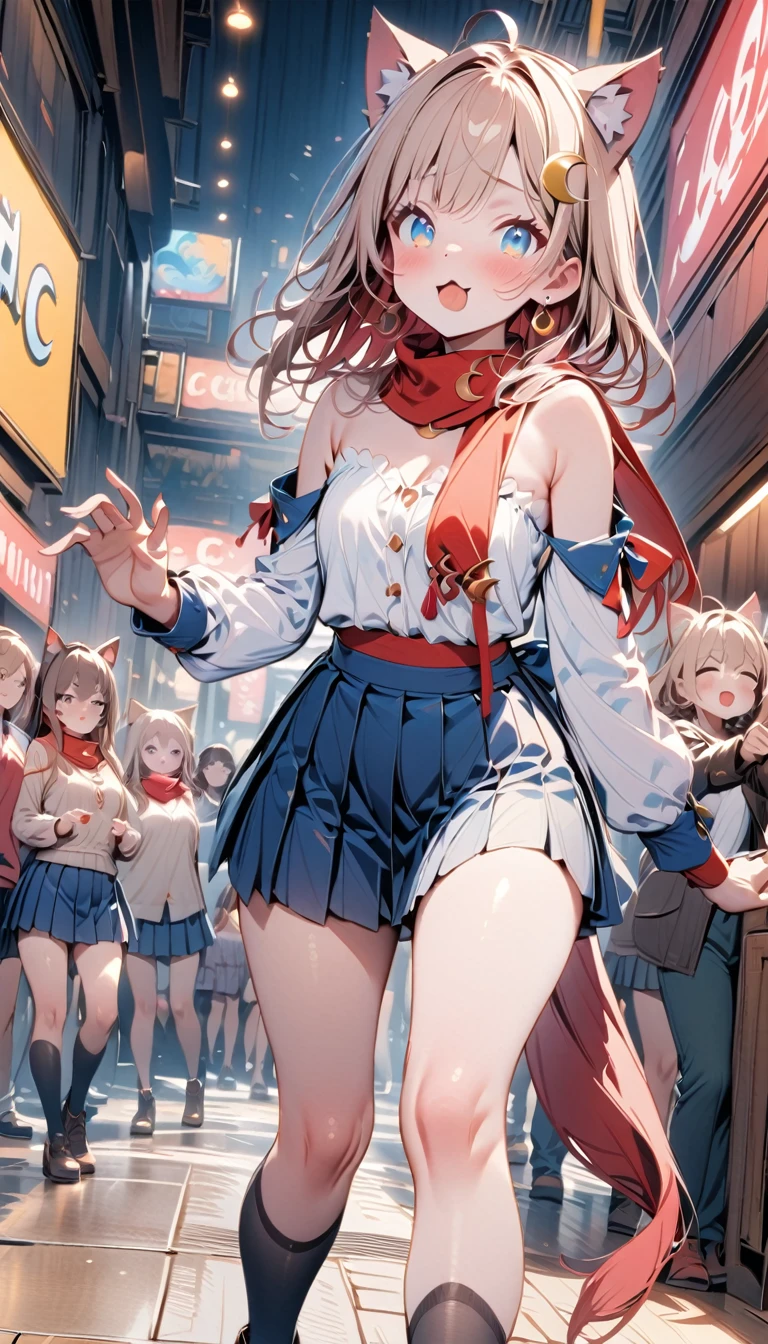 Eyes shine and look up.Stick out your tongue ,Tongue spitTongue spit,(masterpiece: 1.3), (detail), ((, Top quality,)) //, (((1 girl, hairpin, crescent hairpin: 1.4))), Solitary //, (Brown cat ears, Furry cat ears: 1.4), Animal ear hair, (Light brown hair: 1.4), (Red hair: 1.1), (Red inner hair: 1.3), (Straight bangs: 1.4), (Single braid long hair: 1.5) , (Ahog), (blue eyes: 1.3), Clear eyes, cheek, Middle chest, cleveage, Off-shoulder, armpit, //, Big Red Ribbon, Looking at the audience, blush, lol, skirt, shirt, scarf, thigh, Long sleeve, Umbilical cord, Bare shoulders, Jewelry, pleated skirt, scarf, earrings, diaphragm, black thigh knee socks, Virtual YouTuber, miniskirt, Star, Crop Top, Hands on hips, black shirt, ((Lean forward: 1.3)), One knee high, Asymmetrical Leg Clothing,Eyes shine and look up.Stick out your tongue,big breast