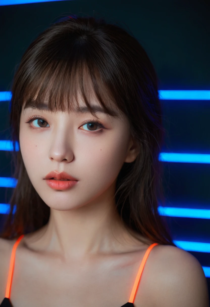 8K, best quality, 1 girl, (Skin Indentation), night, (dark), Indoor clear background, (people), Beautiful bangs, Gorgeous,, (Clothing and:1.3),Soft lighting, attractive, dark Room, (mouth close:1.2, beautiful eyes, Exquisite eyes, Detailed iris, Beautiful lips, Beautiful nose, Pretty Face),(primary color:1.5),(Ambient Light:1.5),(Neon lights:1.8),(Radioluminescence:1.3)