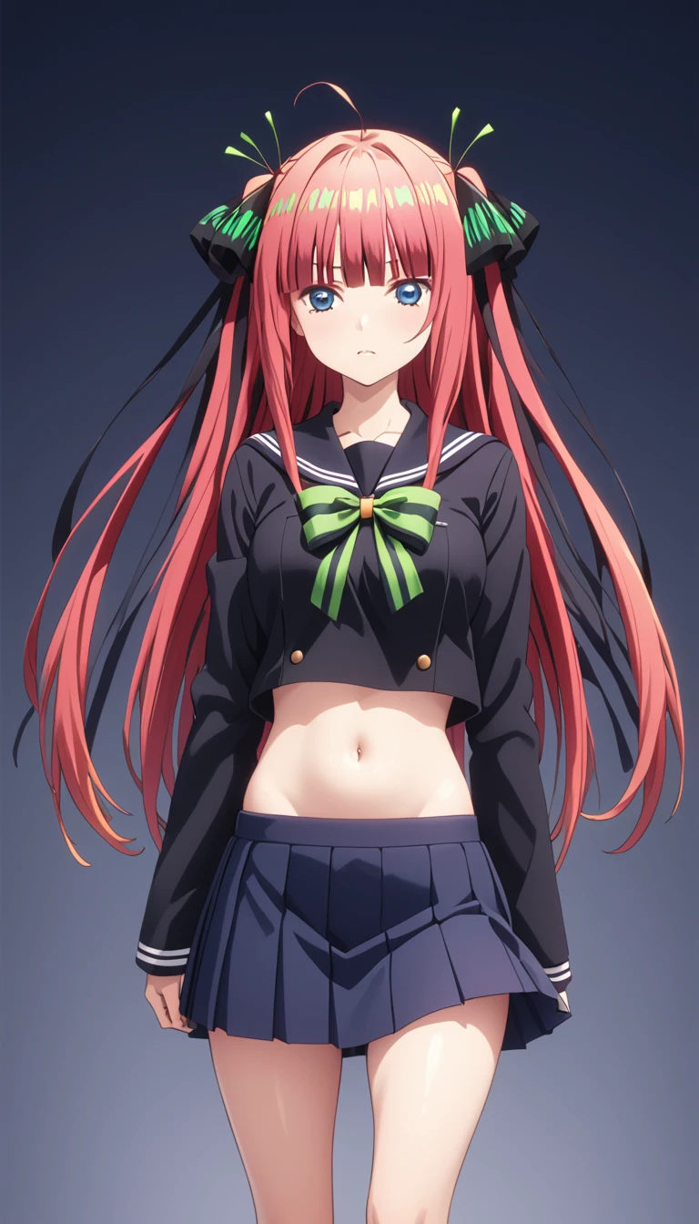 (Highest quality、Masterpiece、Very detailed、4K)、((One Woman))、************、Light red hair、Twin tails、(((Nakano Nino)))、chest、arm、(Beautiful navel)、Beautiful thighs、(((school uniform)))、(skirt)、((Are standing))