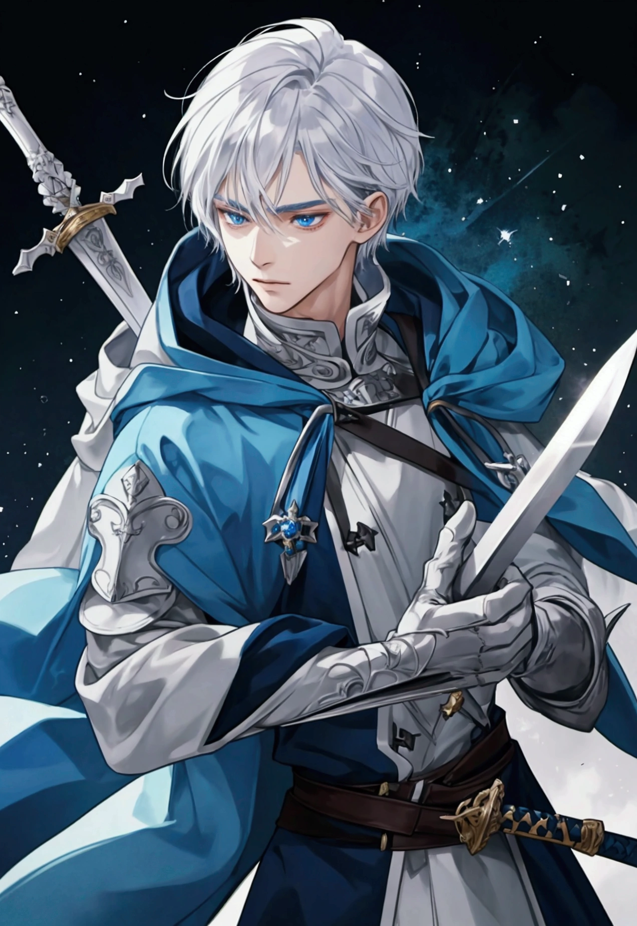 Wizard a young man, he has a silver hair and blue eyes, he wear a hood and wear gloves , hold sword with hand.
