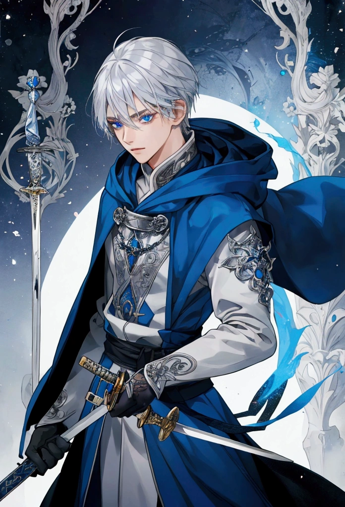 Wizard a young man, he has a silver hair and blue eyes, he wear a hood and wear gloves , hold sword with hand.
