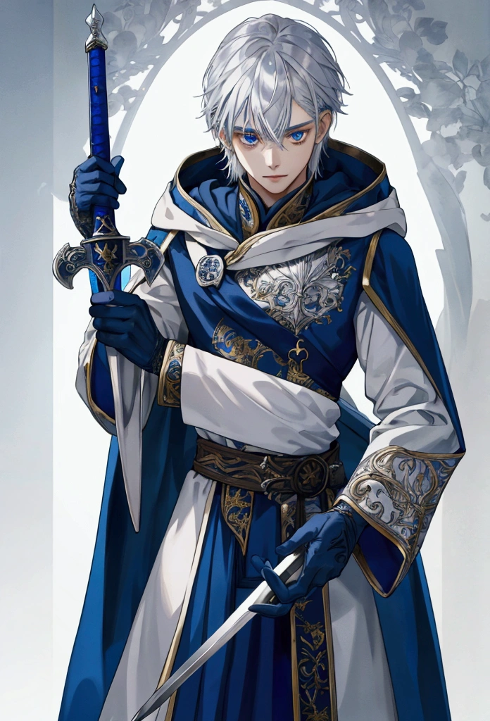Wizard a young man, he has a silver hair and blue eyes, he wear a hood and wear gloves , hold sword with hand.