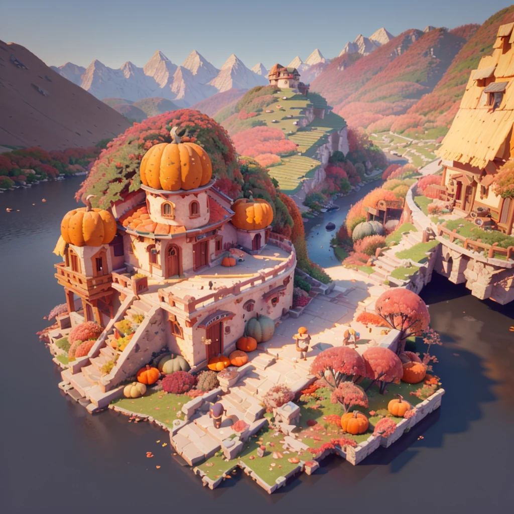 (Isometric Art:1.5),The art of math,(Mountains、Fall:1.6),Around the mountain road,Ancient bridge,pavilion,river,Hut,Small boat,(high quality,Masterpiece,Octane Rendering,Ray Tracing,Extremely detailed,3d,8k:1.5),toon