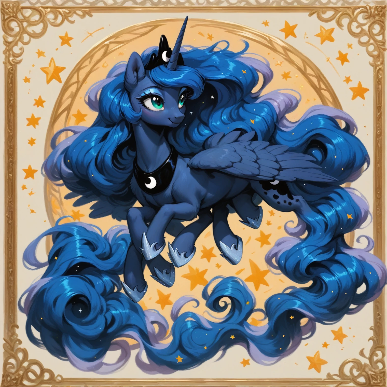 score_9, score_8_up, score_7_up, score_6_up, score_5_up, score_4_up, rating_safe, feral pony, princess luna, fluffy ears, smile, beautiful, pretty, eyeshadow, starry eyes, long mane