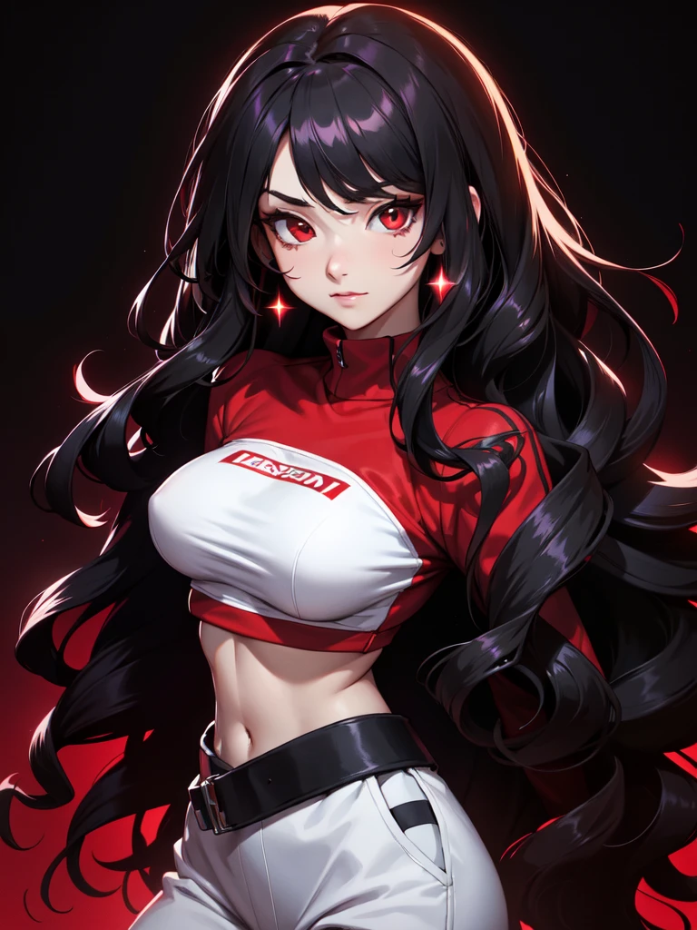 (((Portrait Photo))), She has an Athletic, Youthful 15-Year-Old Appearance, with a Small, Slender Build, and a Vivacious Demeanor. She has Long, Wavy, Black Hair, Styled in Loose Waves Flowing Wildly. Her Striking Red Eyes Sparkle with Energy, Giving Off a Lively and Inviting Attitude. She Wears an Oversized, Baggy Red Cropped Sweatshirt with Loose Sleeves. (((High Quality, Dark Background))), (((Portrait Photo)))