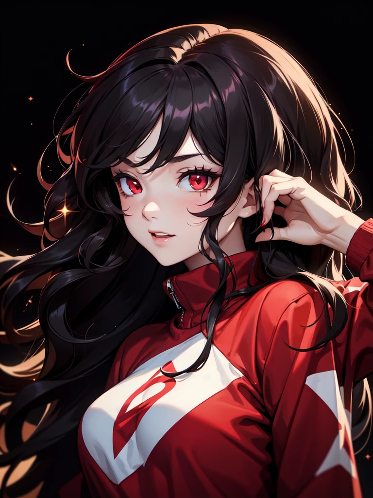 (((Portrait Photo))), She has an Athletic, Youthful -Yeld Aprance, with a Small, Slender Build, and a Vivacious Demeanor. She has Long, Wavy, Black Hair, Styled in Loose Waves Flowing Wildly. Her Striking Red Eyes Sparkle with Energy, Giving Off a Lively and Inviting Attitude. She Wears an Oversized, Baggy Red Cropped Sweatshirt with Loose Sleeves. (((High Quality, Dark Background))), (((Portrait Photo)))