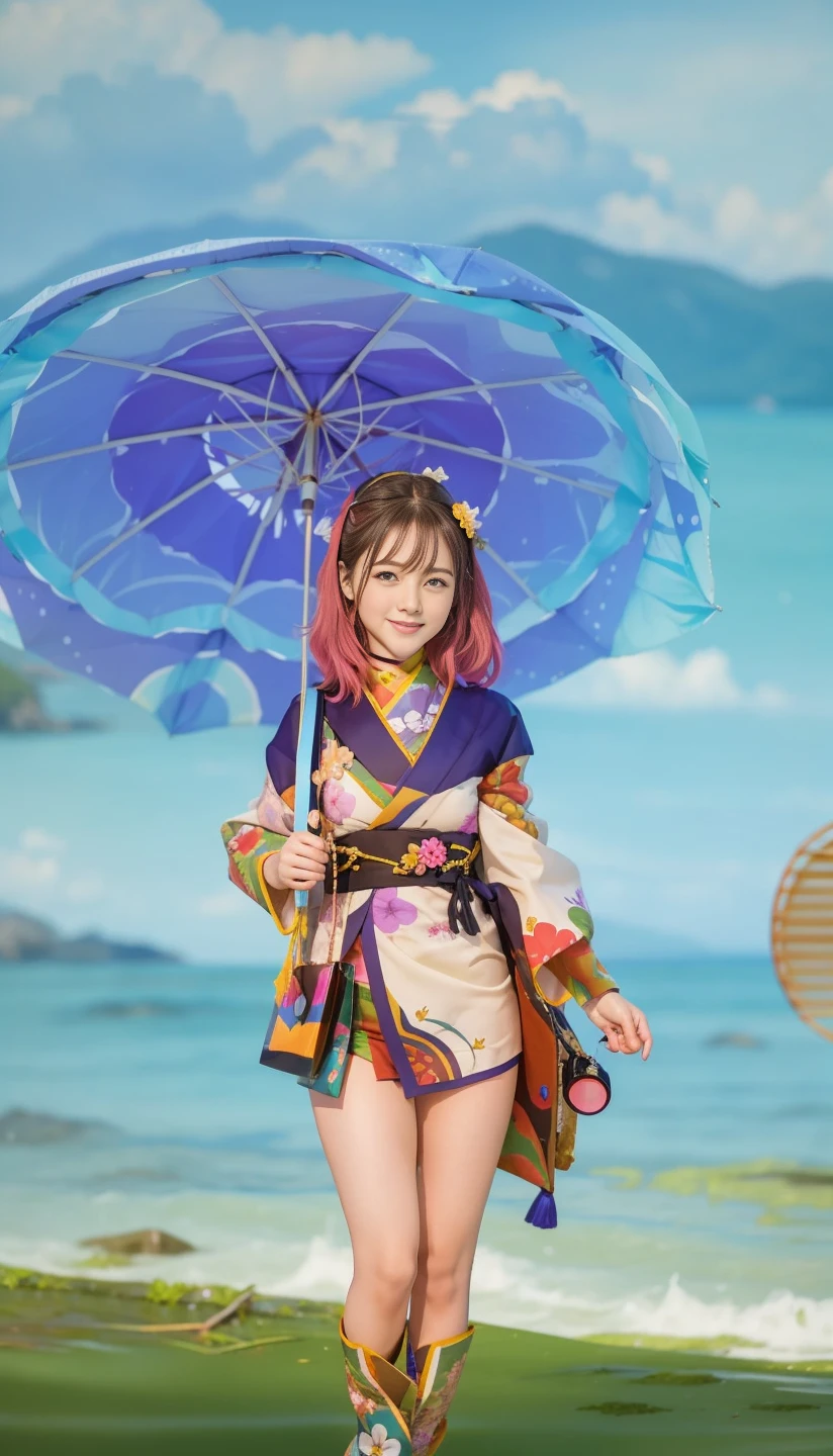 Best Quality, masutepiece, (Realistic:1.2), 1 girl, Brown hair, Black eyes,front, Detailed face, Beautiful eyes, She enjoys. It looks very fun to wear a kimono and play in the Japanese-style room. . She accessorized with a small, . While playing, Girl in colorful and glittering kimono、She smiling in bright sunlight、full bodyesbian、Big Breasts、