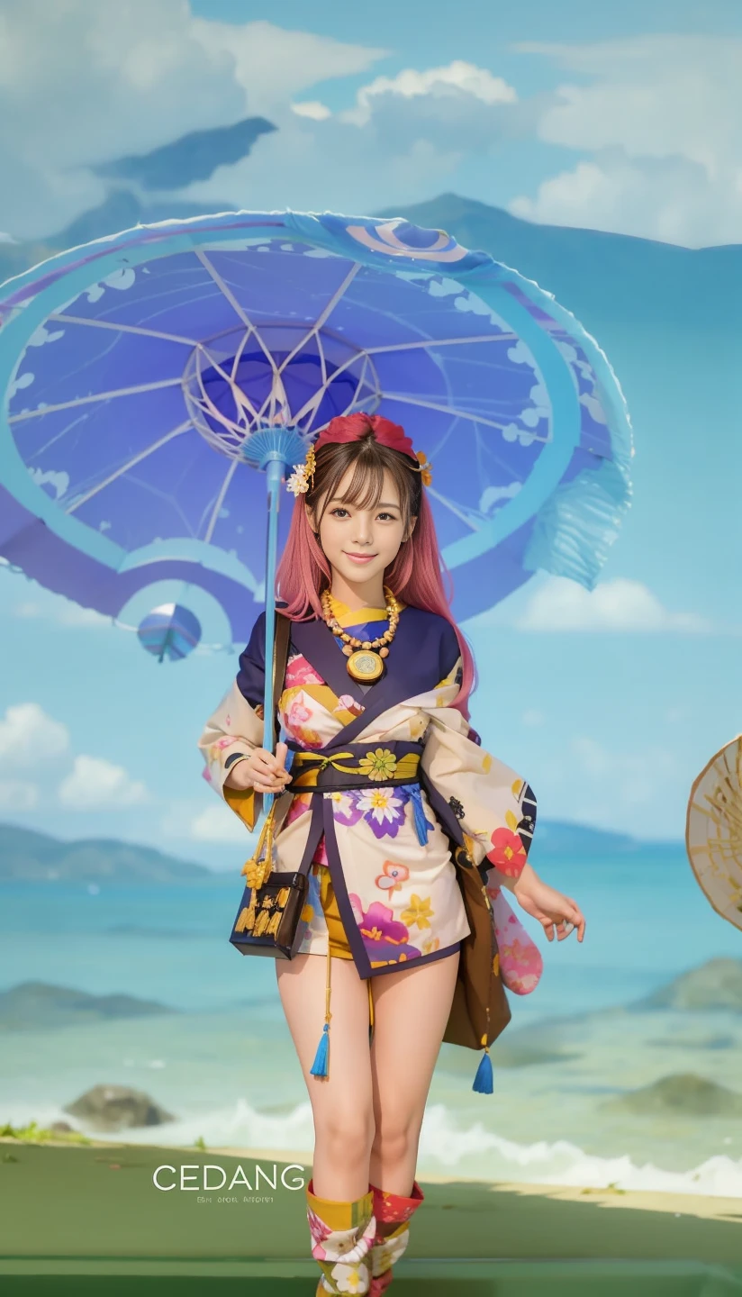 Best Quality, masutepiece, (Realistic:1.2), 1 girl, Brown hair, Black eyes,front, Detailed face, Beautiful eyes, She enjoys. It looks very fun to wear a kimono and play in the Japanese-style room. . She accessorized with a small, . While playing, Girl in colorful and glittering kimono、She smiling in bright sunlight、full bodyesbian、Big Breasts、
