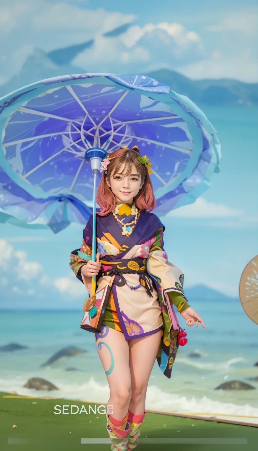 Best Quality, masutepiece, (Realistic:1.2), 1 girl, Brown hair, Black eyes,front, Detailed face, Beautiful eyes, She enjoys. It looks very fun to wear a kimono and play in the Japanese-style room. . She accessorized with a small, . While playing, Girl in colorful and glittering kimono、She smiling in bright sunlight、full bodyesbian、Big Breasts、
