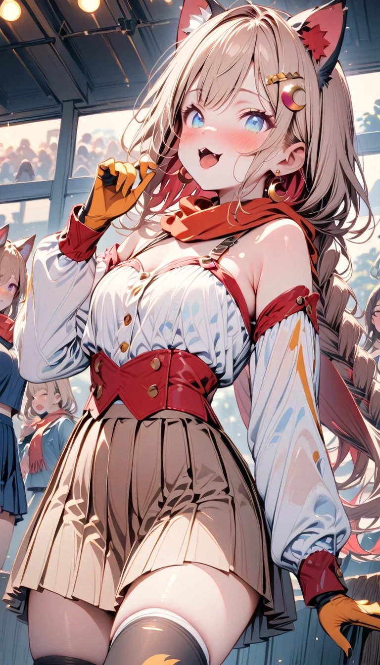 Eyes shine and look up.Stick out your tongue ，Tongue spitTongue spit，(masterpiece: 1.3), (detail), ((, Top quality,)) //, (((1 girl, hairpin, crescent hairpin: 1.4))), Solitary //, (Brown cat ears, Furry cat ears: 1.4), Animal ear hair, (Light brown hair: 1.4), (Red hair: 1.1), (Red inner hair: 1.3), (Straight bangs: 1.4), (Single braid long hair: 1.5) , (Ahog), (blue eyes: 1.3), Clear eyes, cheek, Middle chest, cleveage, Off-shoulder, armpit, //, Big Red Ribbon, Looking at the audience, blush, lol, skirt, shirt, scarf, thigh, Long sleeve, Umbilical cord, Bare shoulders, Jewelry, pleated skirt, scarf, earrings, diaphragm, black thigh knee socks, Virtual YouTuber, miniskirt, Star, Crop Top, Hands on hips, black shirt, ((Lean forward: 1.3)), One knee high, Asymmetrical Leg Clothing，Eyes shine and look up.Stick out your tongue，big breast